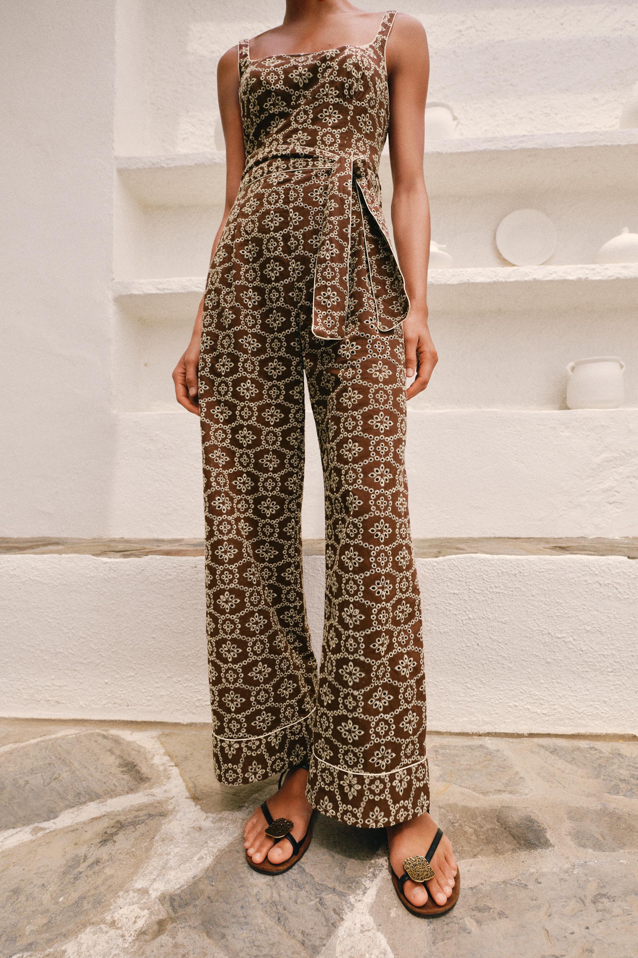 EMBROIDERED EYELET BELTED JUMPSUIT